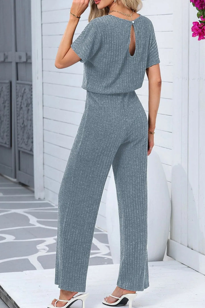 Dark Gray Ribbed Short Sleeve Wide Leg Jumpsuit