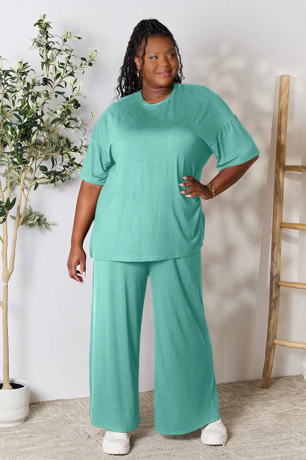 Teal Double Take Full Size Round Neck Slit Top And Pants Set