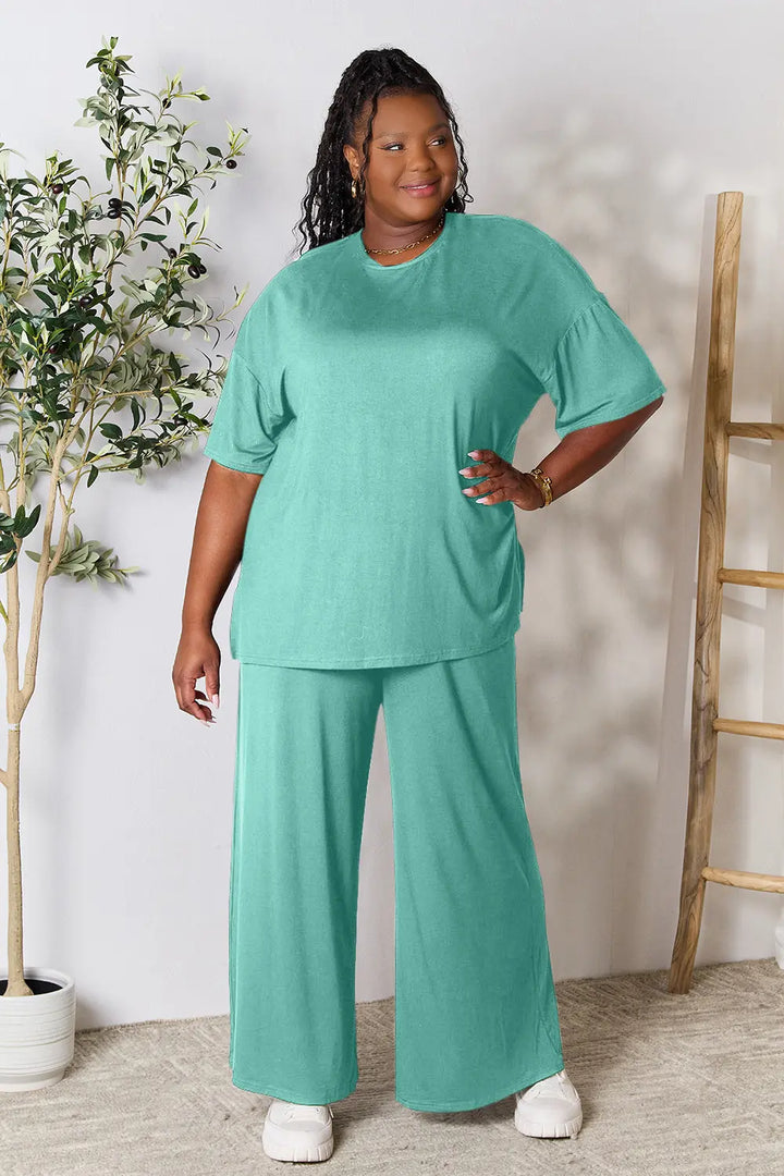 Teal Double Take Full Size Round Neck Slit Top And Pants Set
