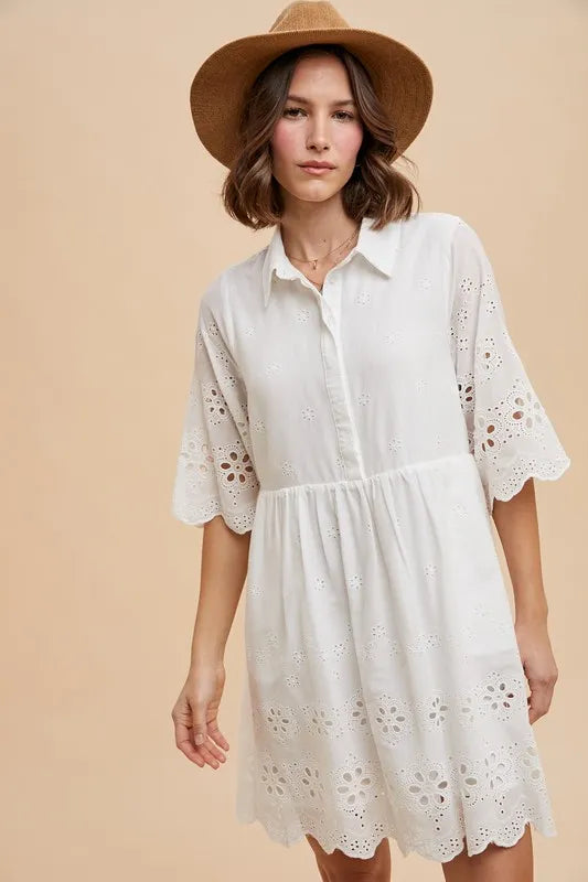 Ivory Annie Wear Embroidered Scallop Edge Detail Mini Shirt Dress 1