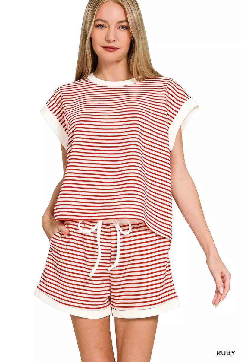 Ruby Zenana Stripe Contrast Trim Top Shorts Set 1