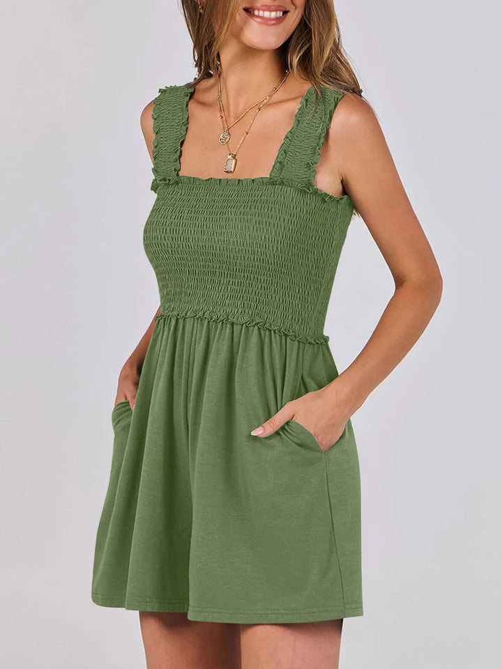 Emerald Green Smocked Square Neck Summer Romper
