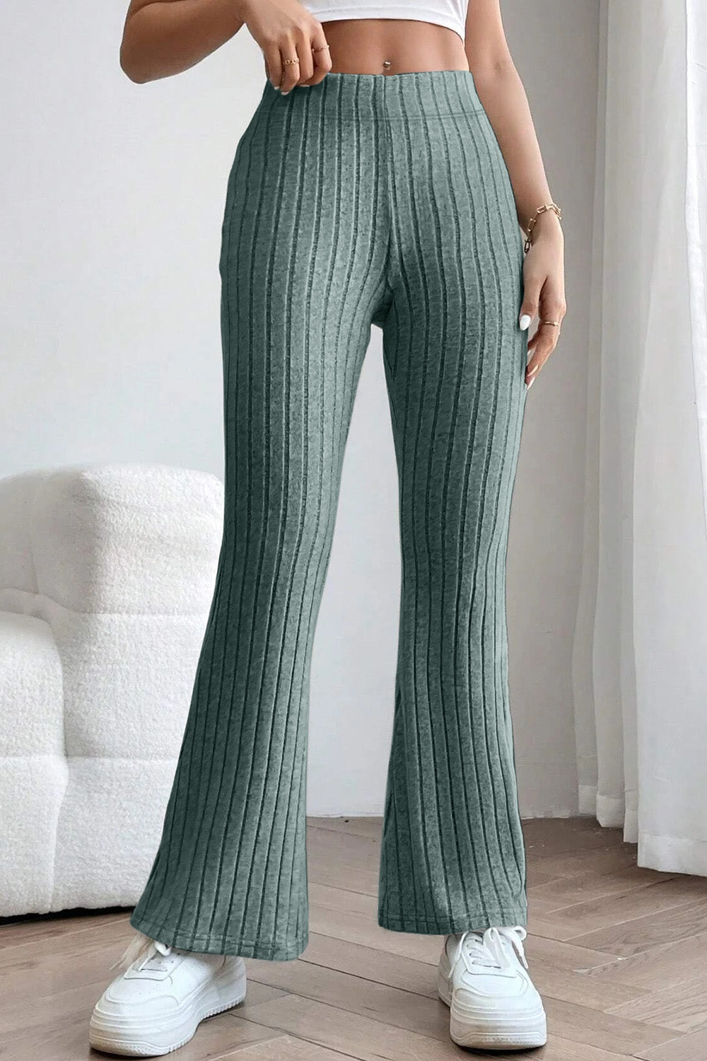 Deep Teal Basic Bae Full Size Ribbed High Waist Flare Pants