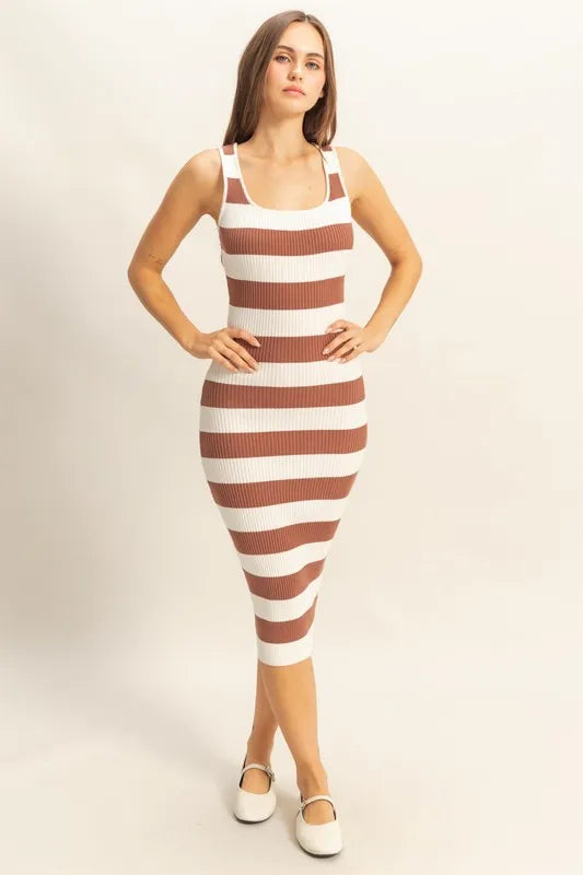 Caramel Hyfve Striped Scoop Neck Wide Strap Knit Dress 1