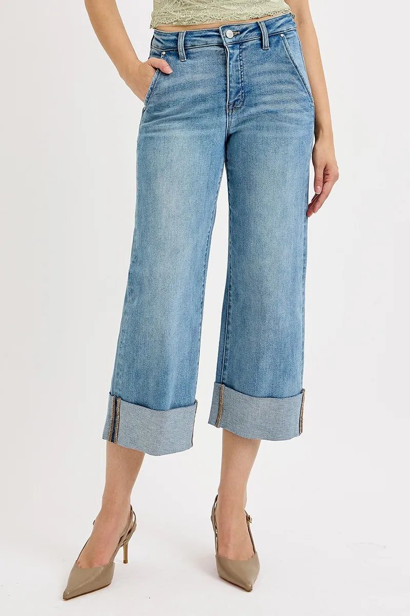 Medium Risen Full Size Tummy Control High Rise Ankle Wide Cuffed Jeans Plus Size