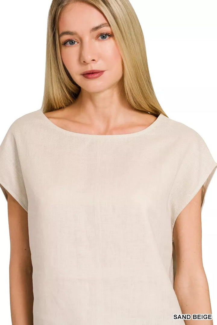 Sand Beige Zenana Linen Round Neck Cap Sleeve Top 2