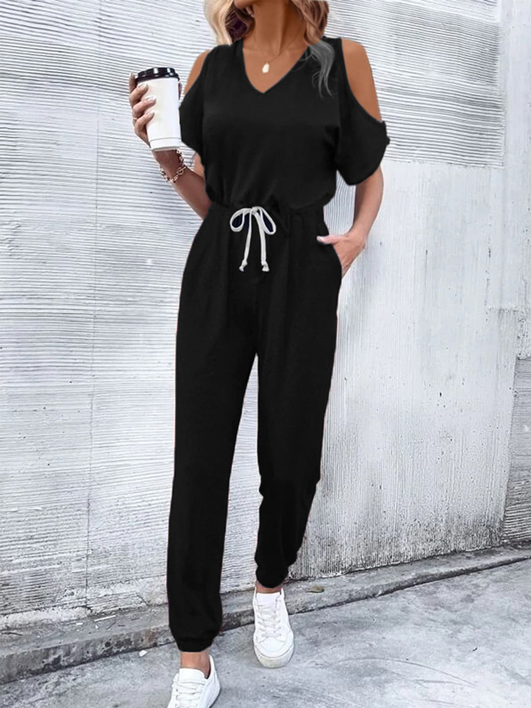 V Neck Cold Shoulder Jumpsuit With Pockets
