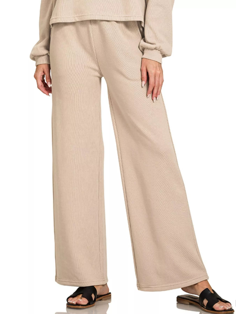 Beige Zenana French Rib Pullover And Pants Set 1