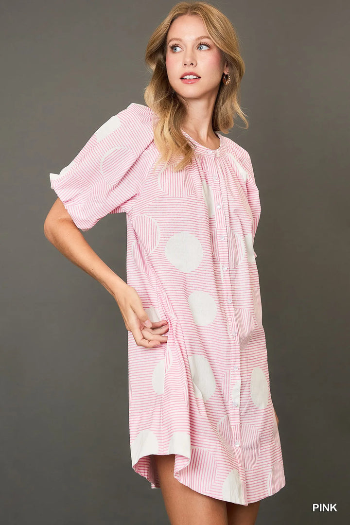 Pink Umgee Stripe And Dot Print Button Down Puff Sleeve Mini Dress