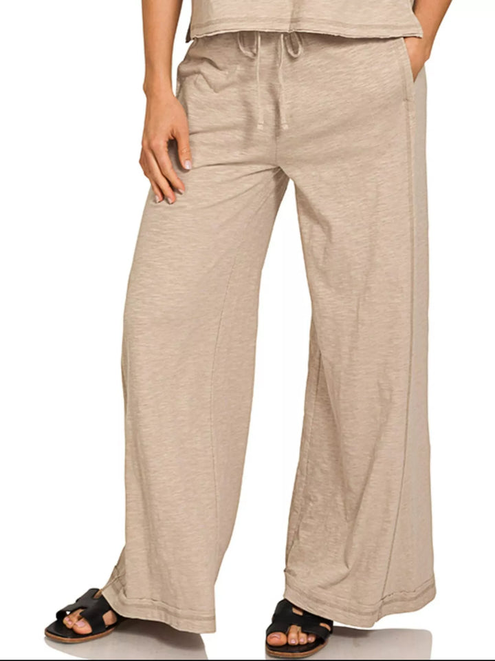 Ash Mocha Zenana Cotton Slub Short Sleeve Tee And Pants Set