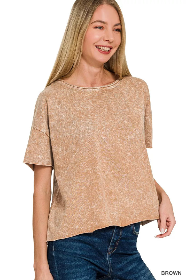 Brown Zenana Halo Washed Cotton Short Sleeve Top