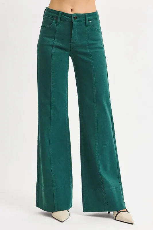 Hunter Green Risen Full Size Tummy Control Mid Rise Wide Leg Jeans Plus Size