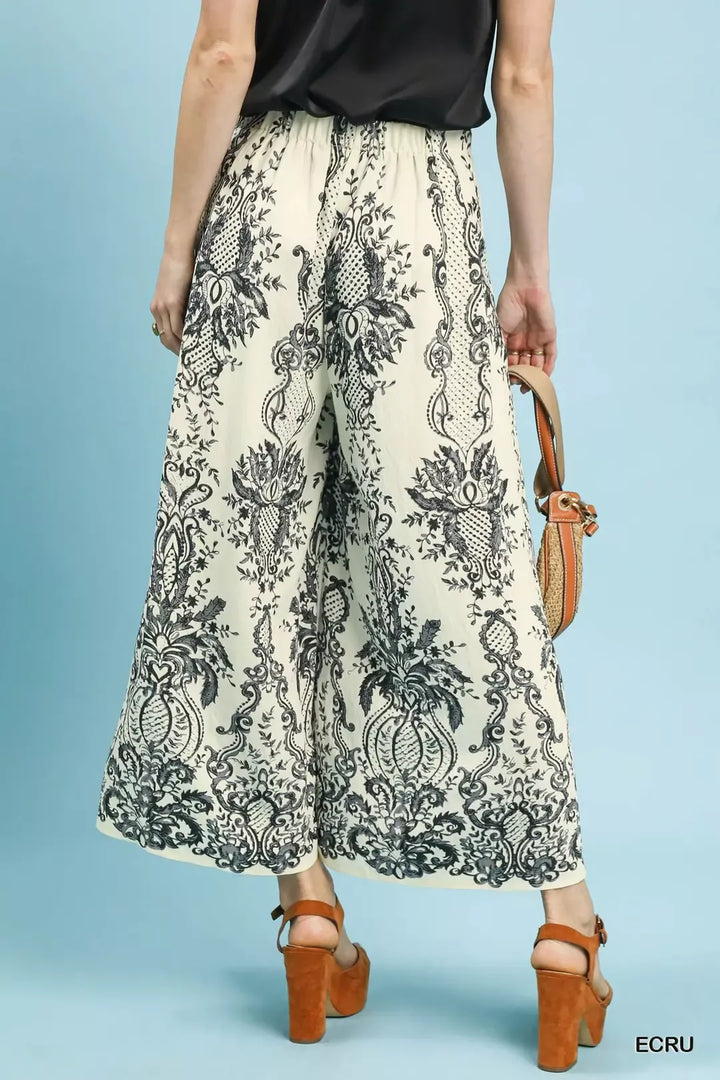 Ecru Umgee Border Print Wide Leg Pants