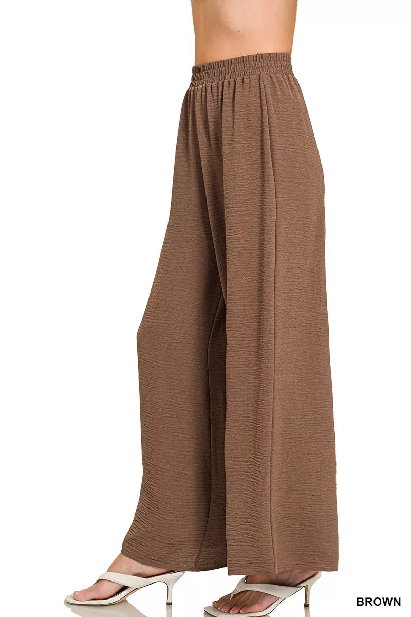 Brown Zenana Woven Airflow Elastic Waistband Pants 4