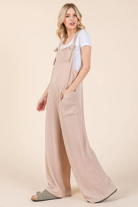 Dust Storm Bombom Knot Straps Wide Leg Ribbed Overalls With Pockets