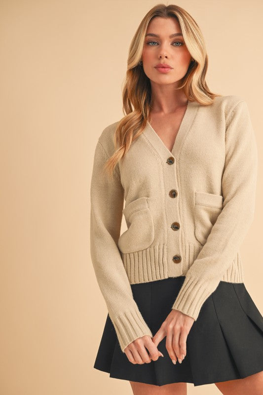 Pearl Aemi Co Ribbed Hem Button Down V Neck Cardigan