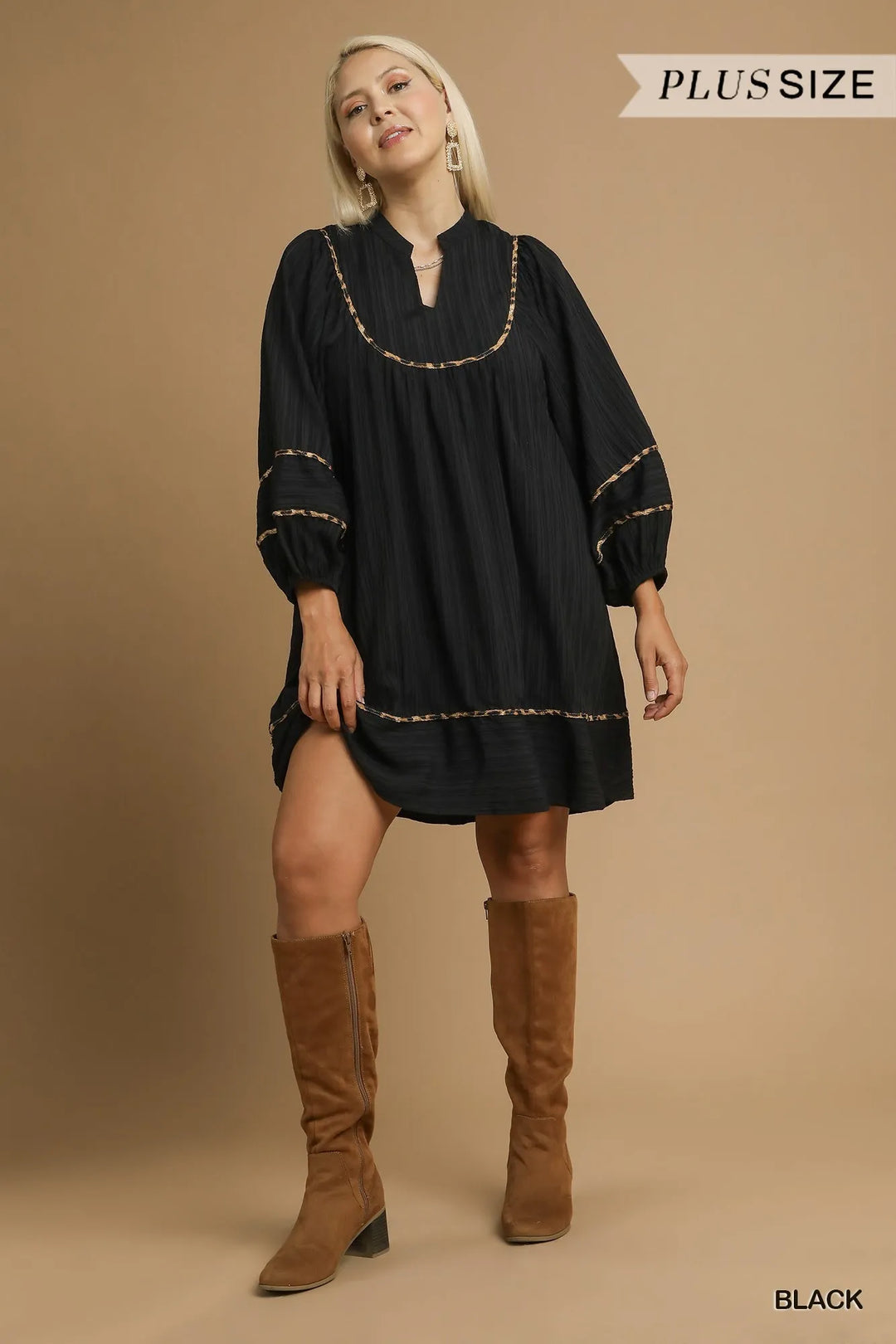 Umgee Full Size Textured Babydoll Dress With Leopard Trim Plus Size