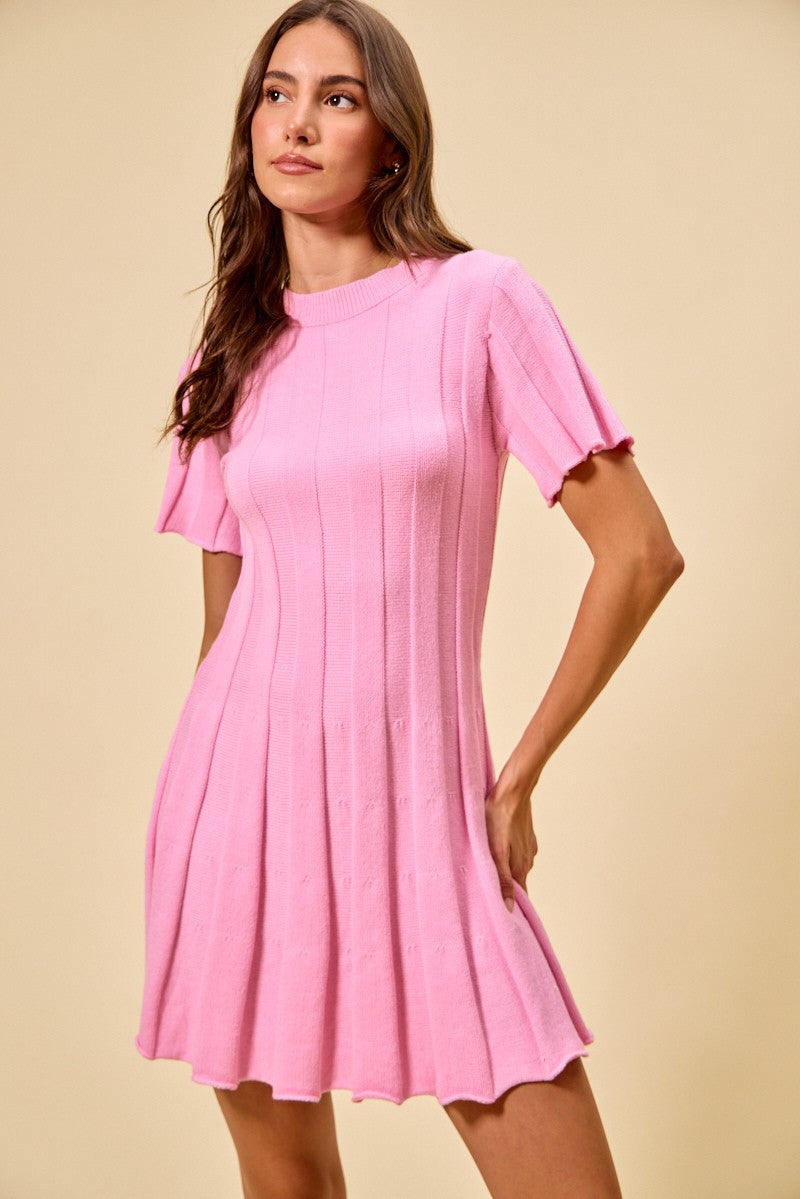 Pink So Me Wide Rib Short Sleeves Sweater Knit Mini Dress