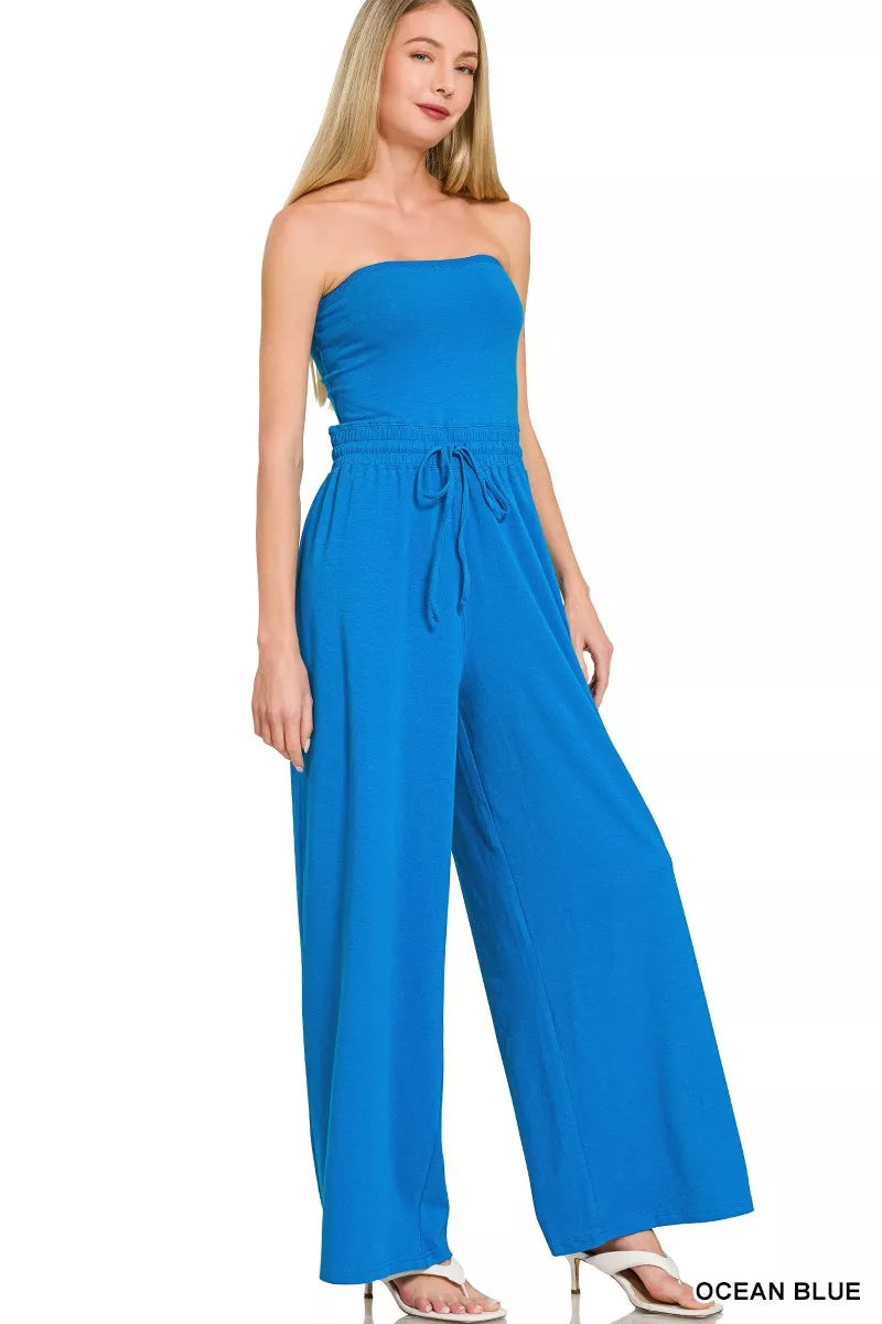 Ocean Blue Zenana Tube Top Jumpsuit With Drawstring Waist 5