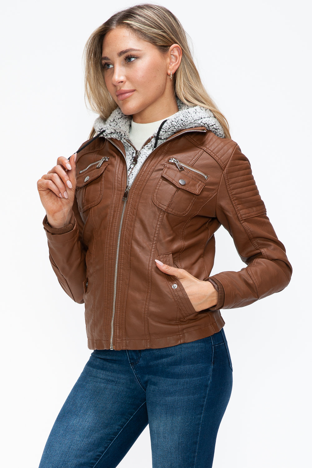 Ymi Removable Faux Layered Multi Pocket Jacket With Fuzzy Hood 2
