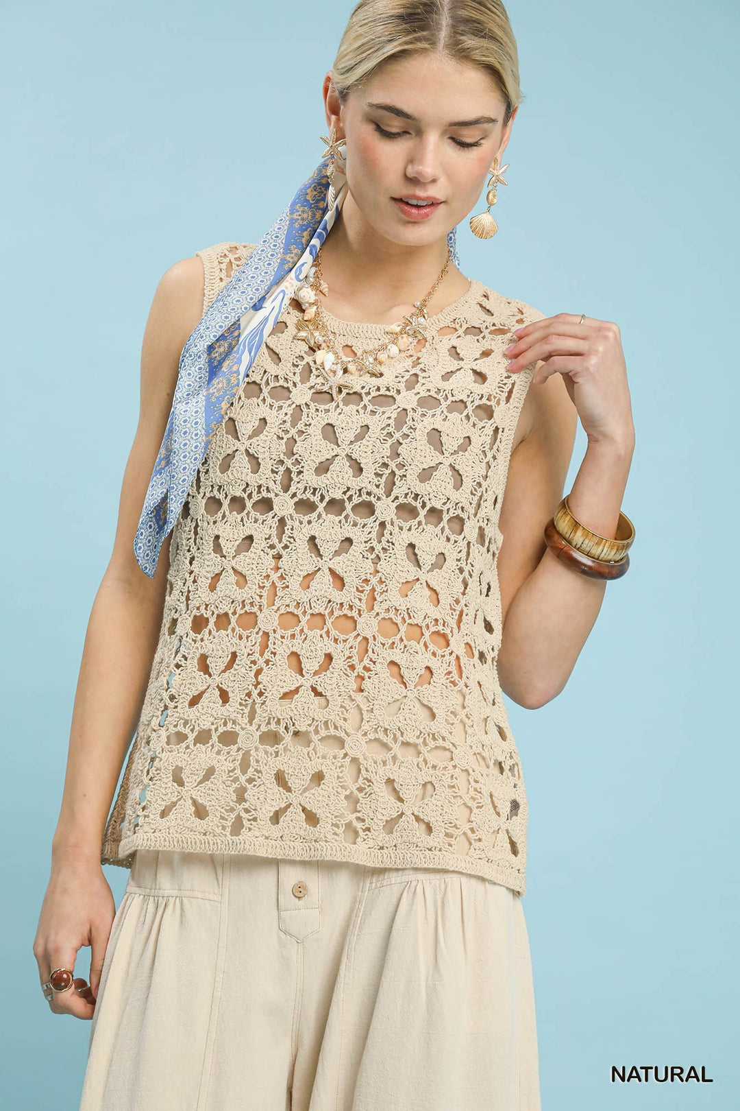 Natural Umgee Crochet Flower Motif Sleeveless Tank Top