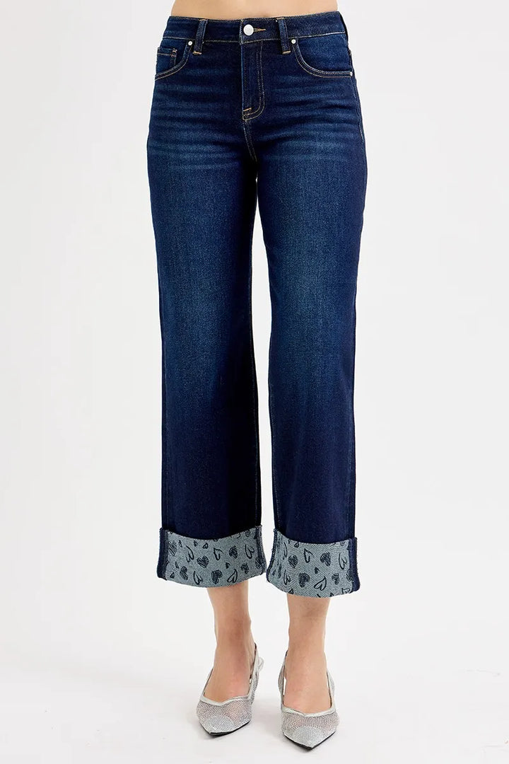 Dark Risen Full Size Mid Rise Fit Crop Wide With Printed Cuff Jeans Plus Size