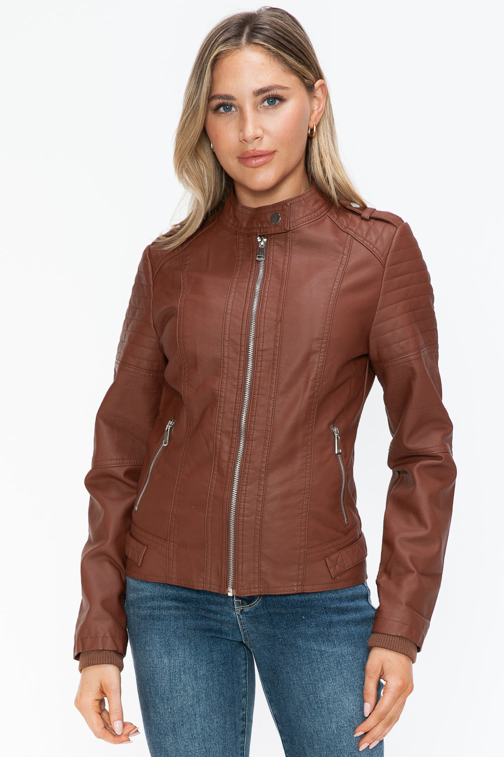 Snobbish Pu Leather Biker Jacket With Side Zip Pockets 4