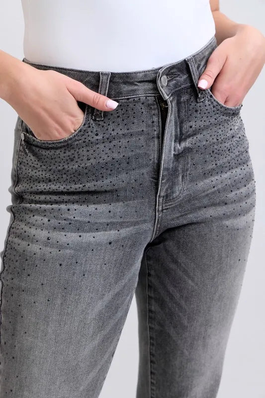 Gry Judy Blue Full Size High Waist Rhinestone Straight Jeans Plus Size