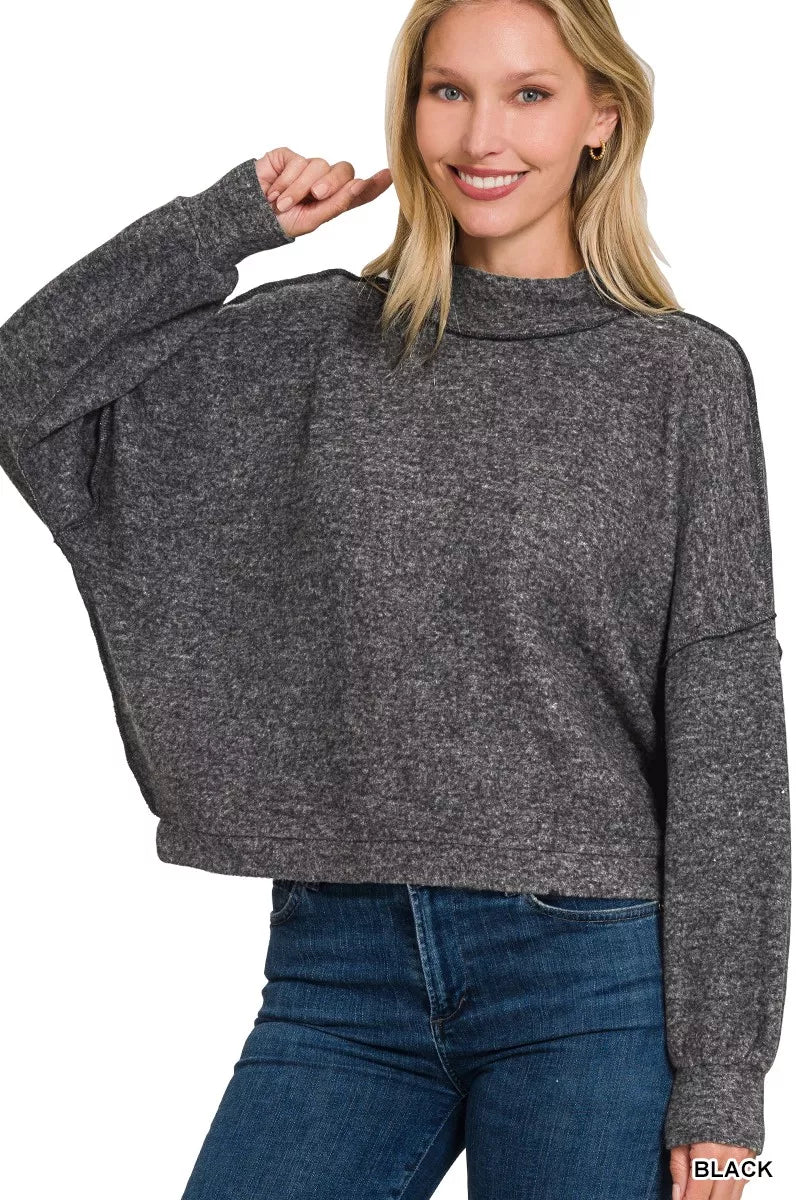 Black Zenana Brushed Melange Hacci Cropped Sweater