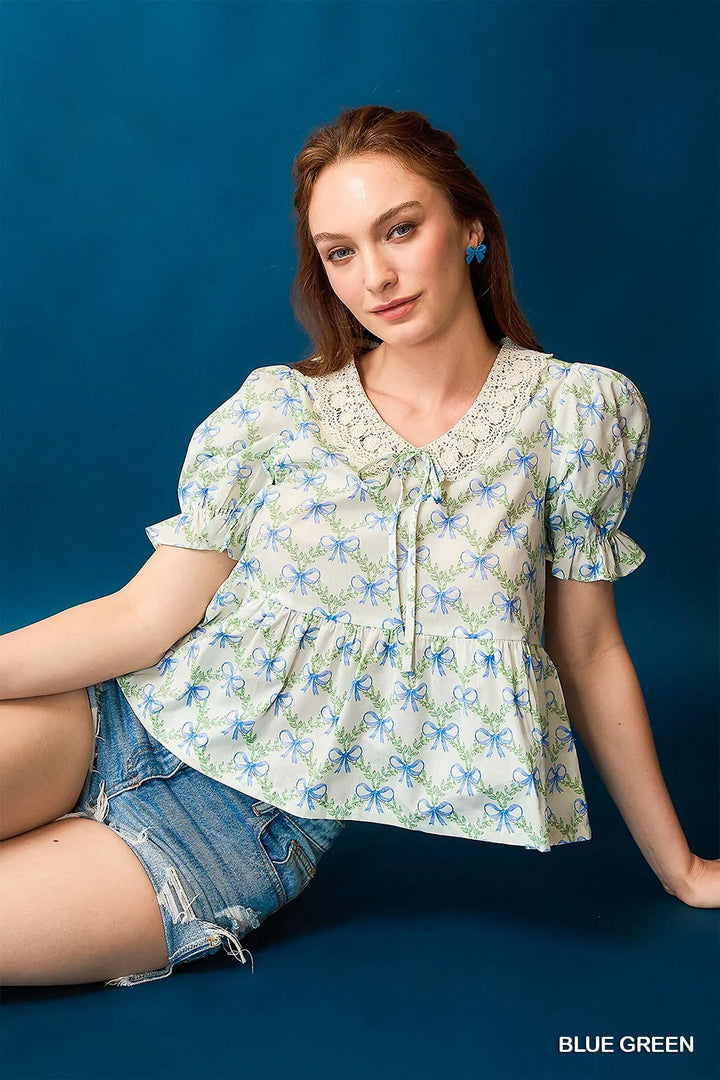 Blue/Green Umgee Lace Detail Bow Print Flounce Sleeve Blouse