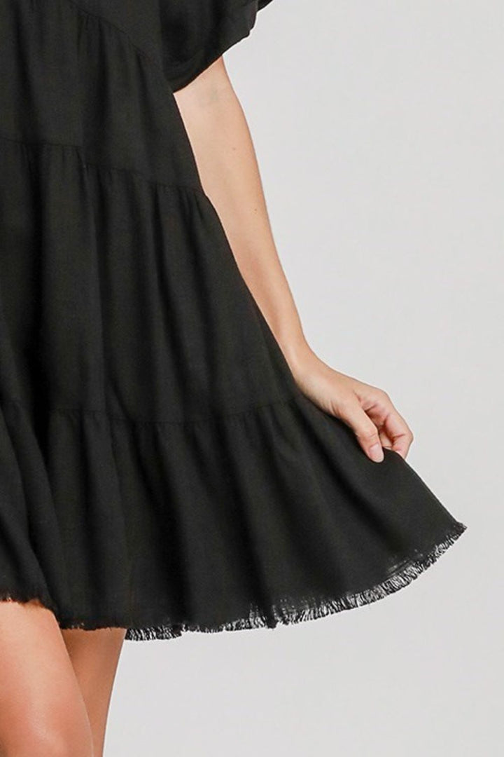 Black Umgee Full Size Raw Hem Folded Sleeve Tiered Dress Plus Size 2