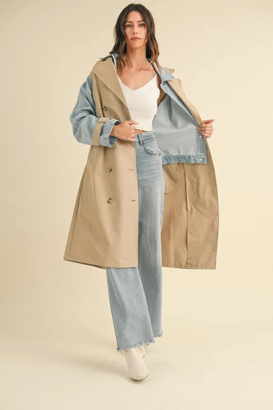 Mable Layered Look Trench Coat With Denim Jacket