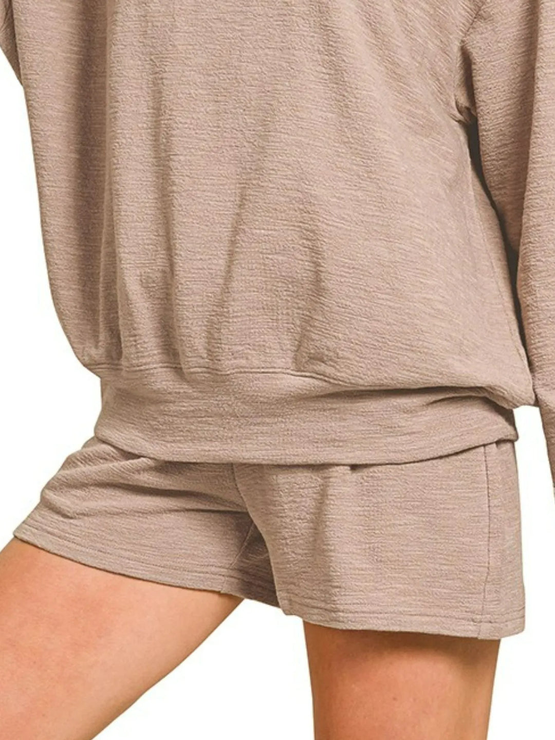 Ash Mocha Zenana Slub Long Sleeve Top And Shorts Set 2