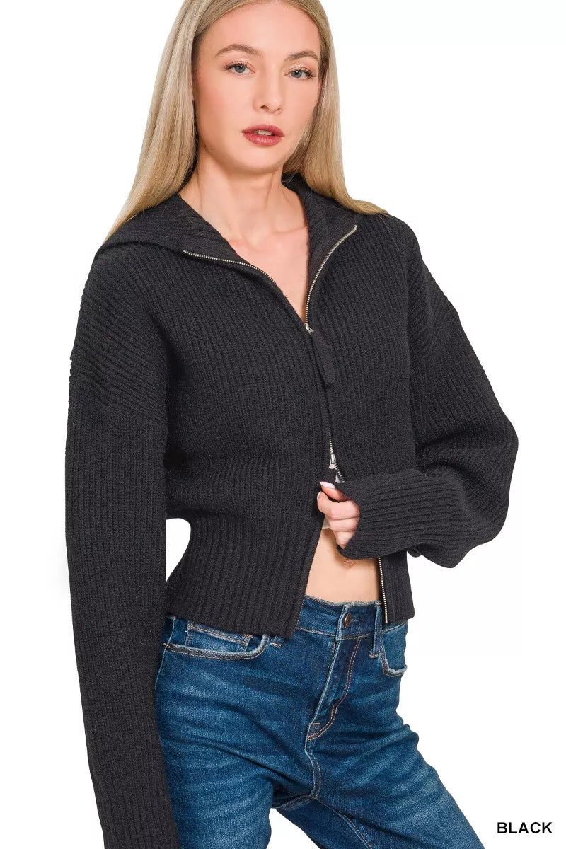 Black Zenana Ribbed Collared Zip Up Sweater Cardigan 3