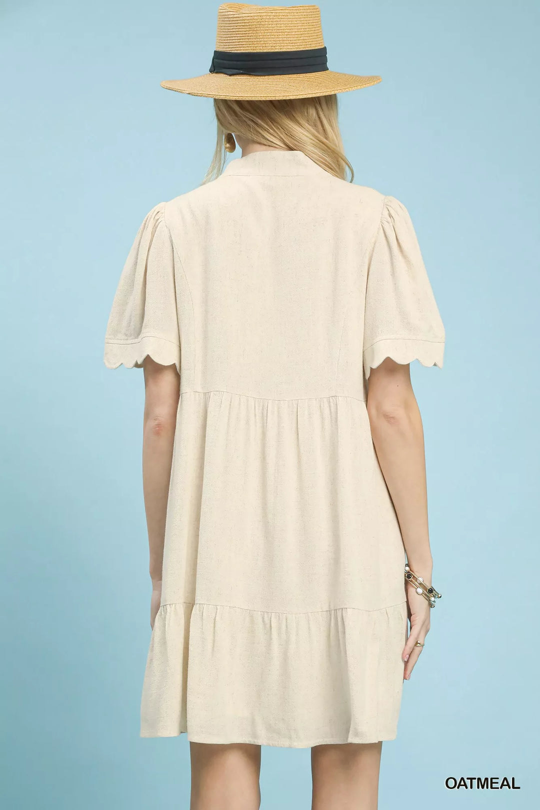 Oatmeal Umgee Linen Tiered Babydoll Dress With Scalloped Sleeves 2