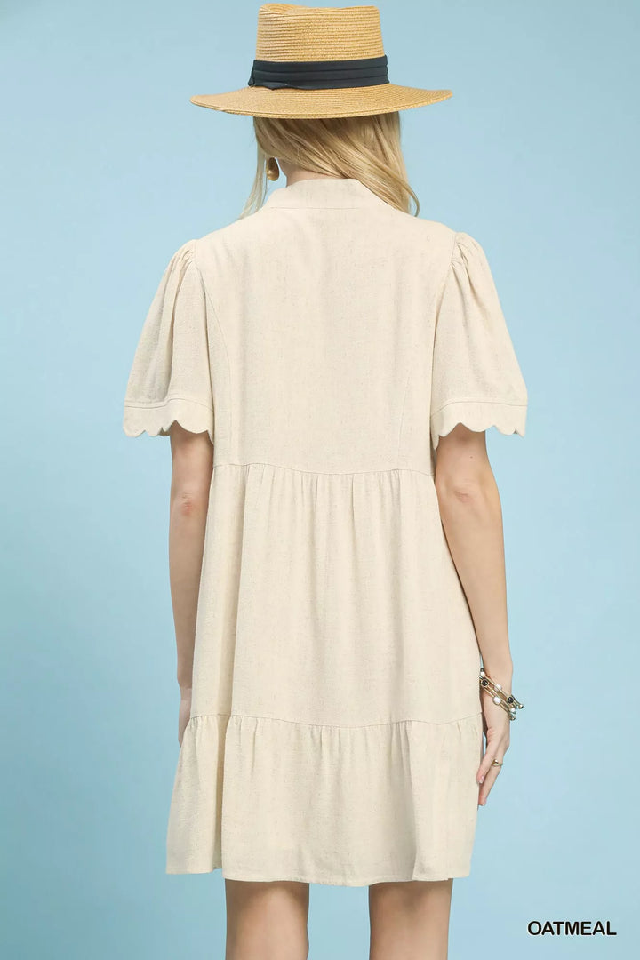 Oatmeal Umgee Linen Tiered Babydoll Dress With Scalloped Sleeves 2