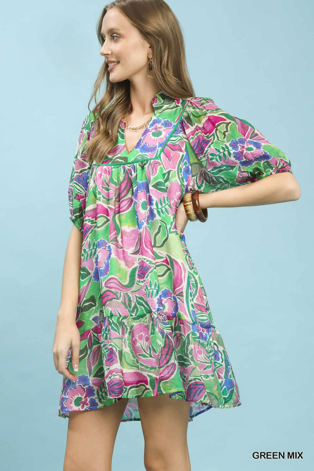 Green Mix Umgee Abstract Print V Neck Baby Doll Dress