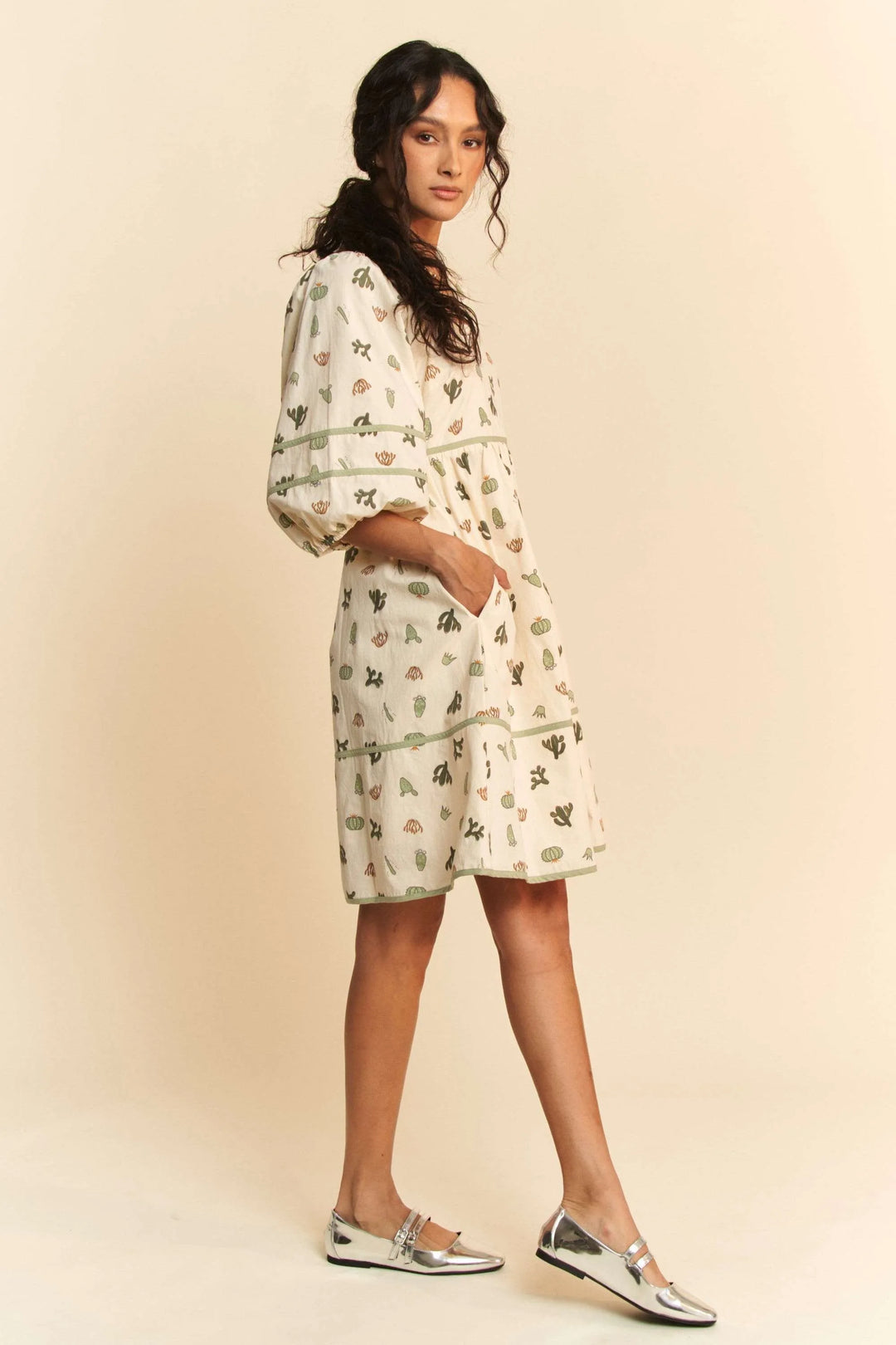 Davi Dani Cactus Printed Poplin Contrast Piping Mini Dress