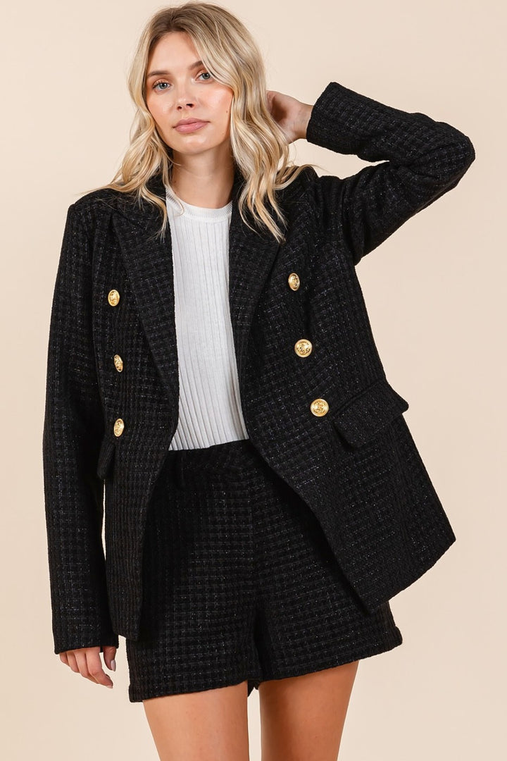 Mittoshop Plaid Texture Double Breasted Long Sleeve Blazer