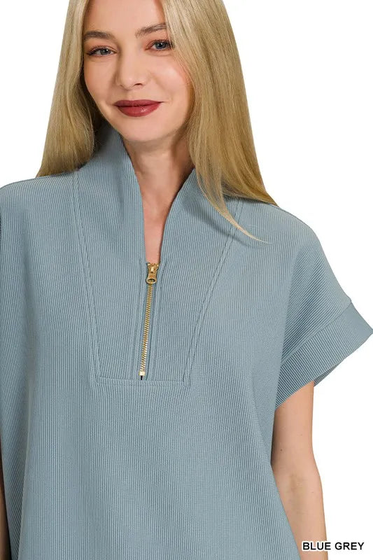 Zenana Ribbed High Neck Half Zip Top