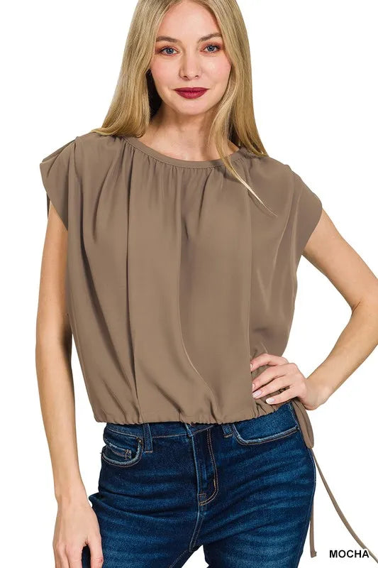 Mocha Zenana Woven Drawstring Tie Side Sleeveless Top 1