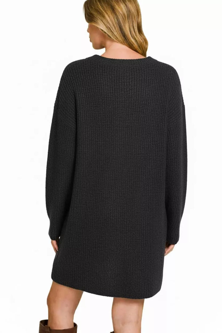 Black V Neck Long Sleeve Ribbed Sweater Dress