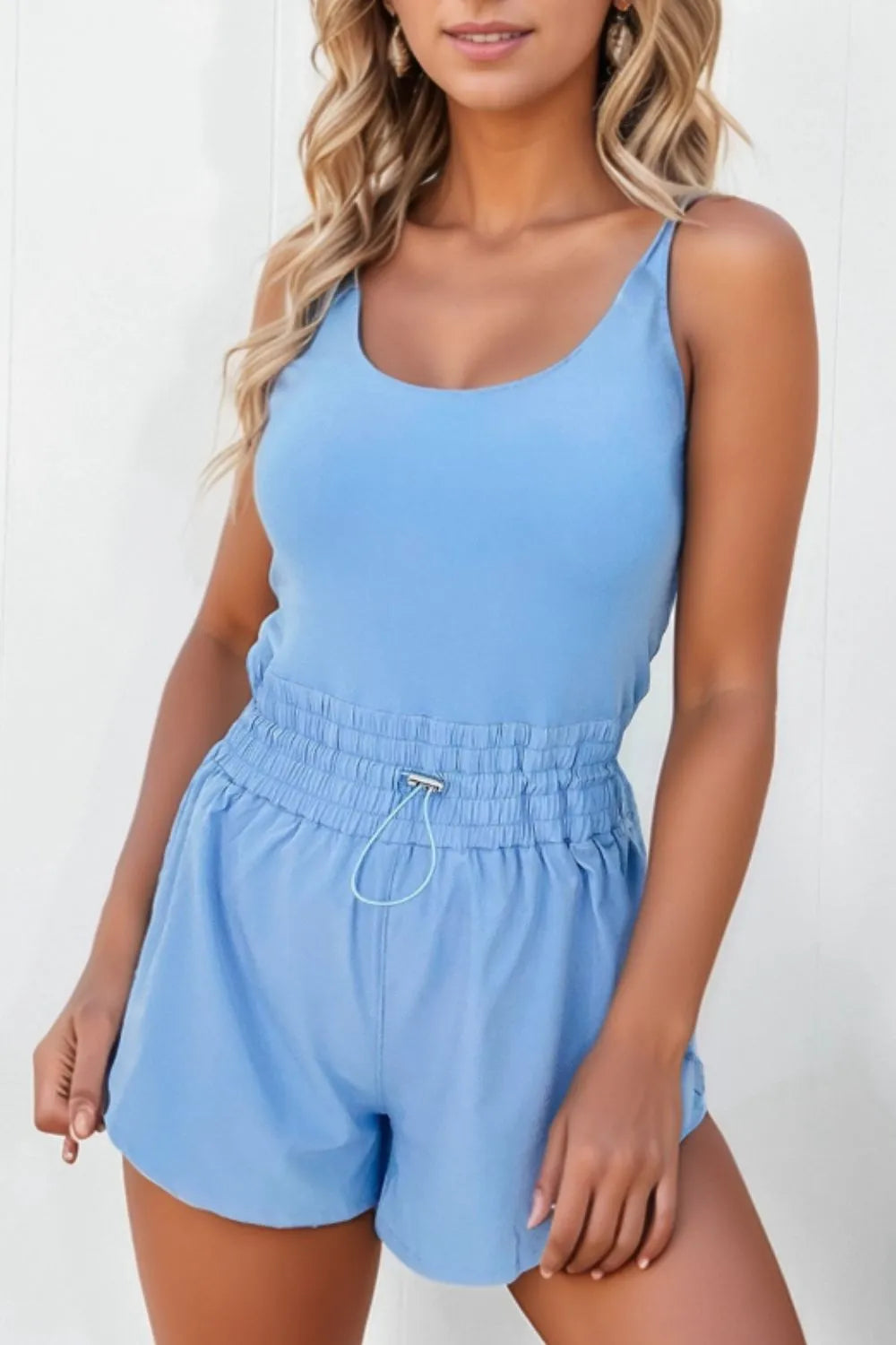 Light Blue Drawstring Waist Scoop Neck Romper