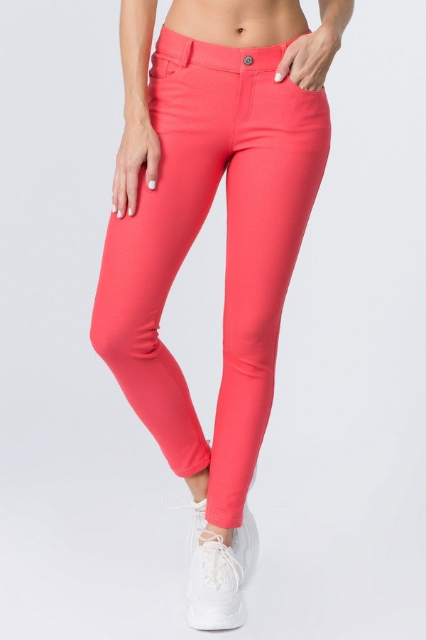 Coral Cotton Blend 5 Pocket Skinny Jeggings