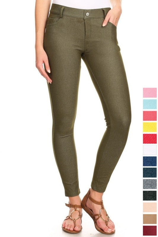 Coffee Cotton Blend 5 Pocket Skinny Jeggings