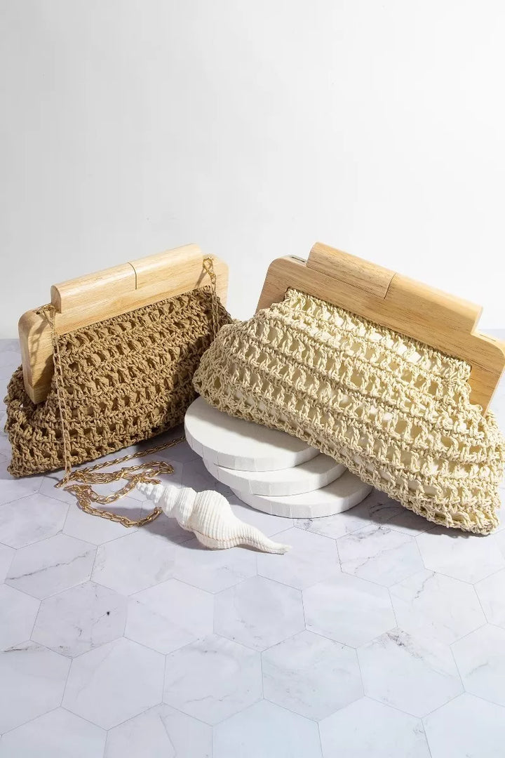 Fame Straw Braided Wooden Top Frame Clutch Bag