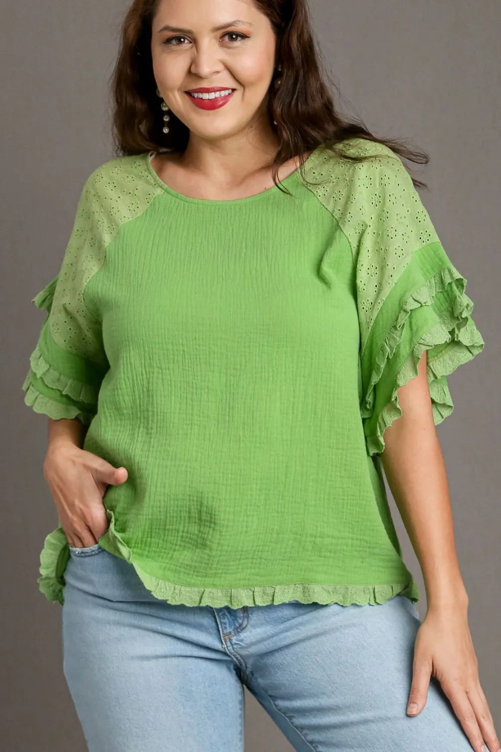 Lime Umgee Full Size Cotton Gauze Round Neck Ruffle Eyelet Layered Sleeve Blouse Plus Size
