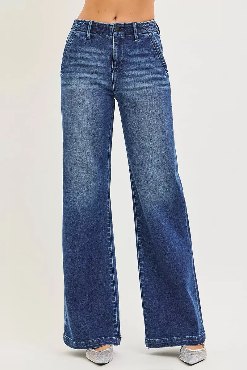Dark Risen High Rise Wide Leg Slanted Pocket Jeans