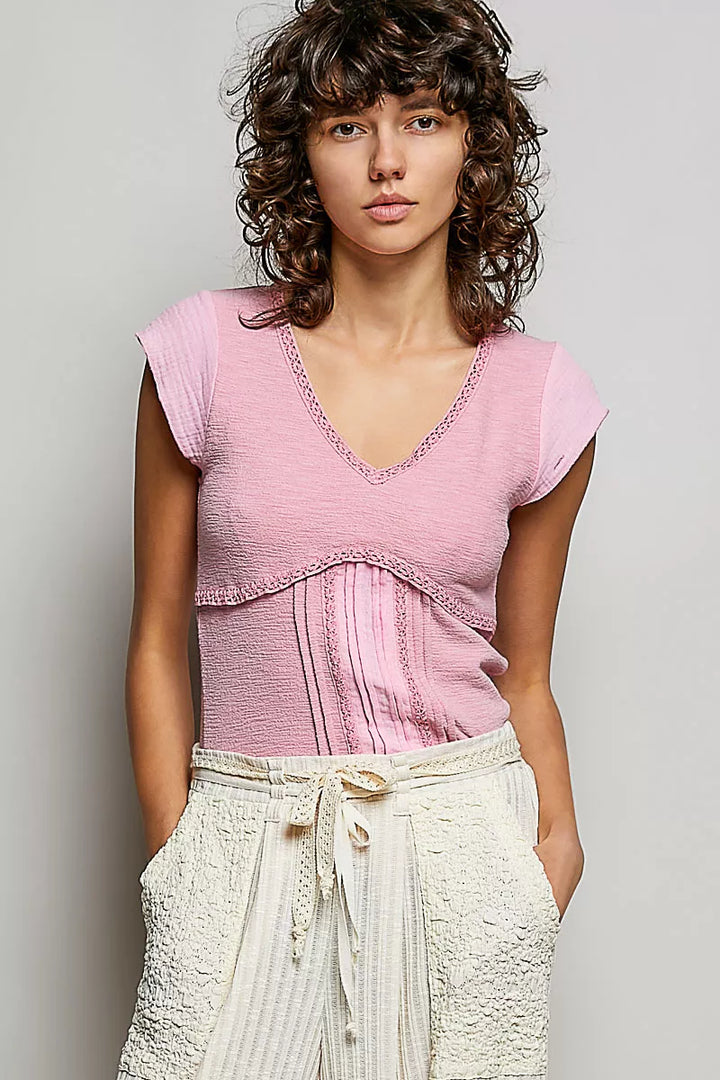 Soft Pink Pol V Neck Lightweight Textured Short Sleeve Knit Top With Lace Trim