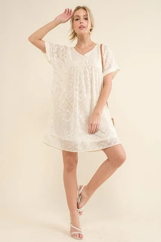 White And The Why Woven Leopard Baby Doll Roll Sleeve Casual Dress 1